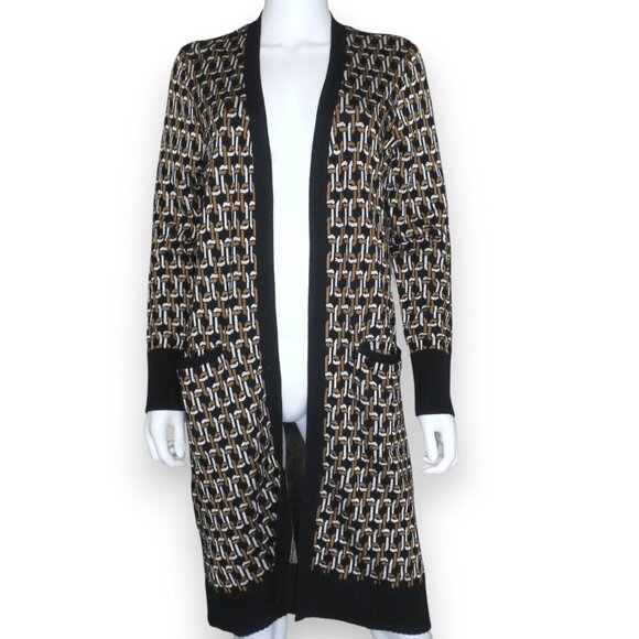 Chico's Geometric-Print Jacquard Cardigan Long Open-front Sweater 1 Medium 8/10 - Picture 2 of 5